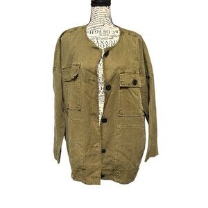 Lucky Brand Women M Green Utility Army Barn Jacket Zip Buttons Logger Lumberjack